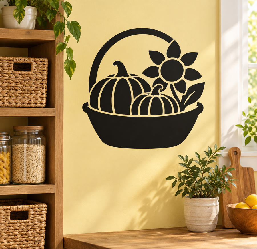 Thanksgiving harvest basket vinyl decal, black design with pumpkins and flower in basket