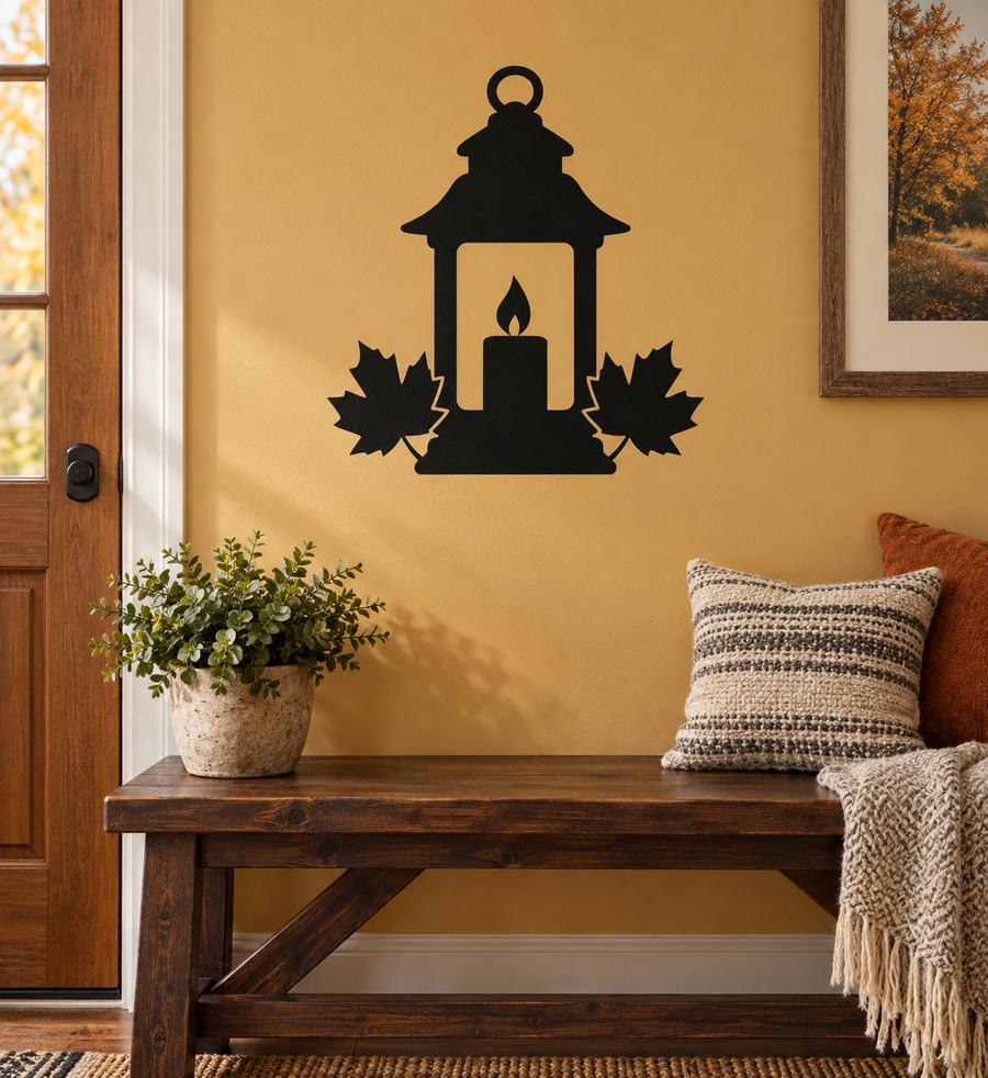 Thanksgiving lantern vinyl decal with flame and autumn leaves, black design