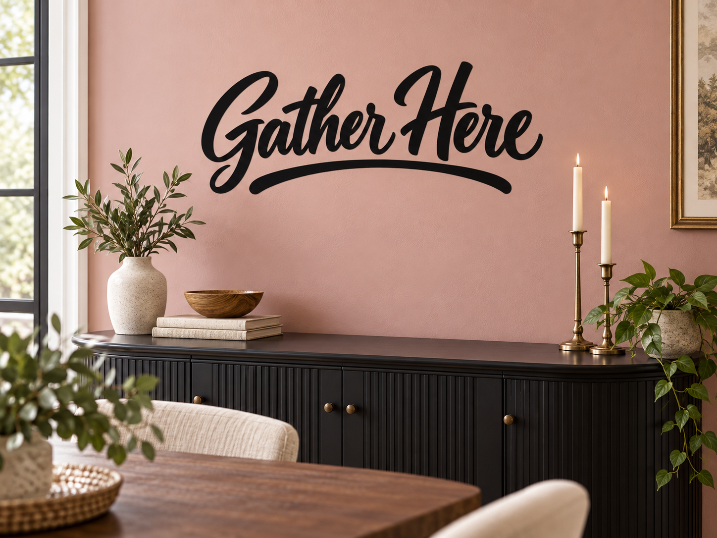Thanksgiving vinyl wall decal with black “Gather Here” script text