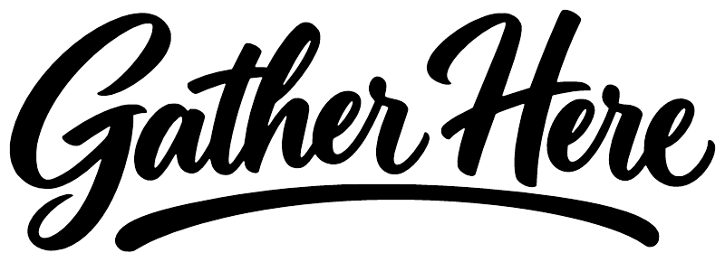 Black “Gather Here” cursive vinyl decal with curved underline flourish