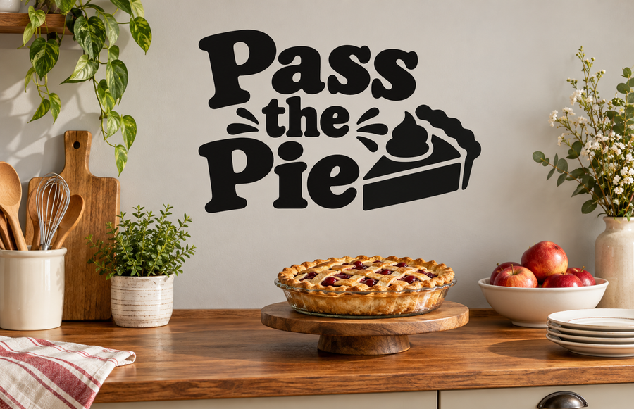 Black “Pass the Pie” vinyl wall decal with pie slice graphic