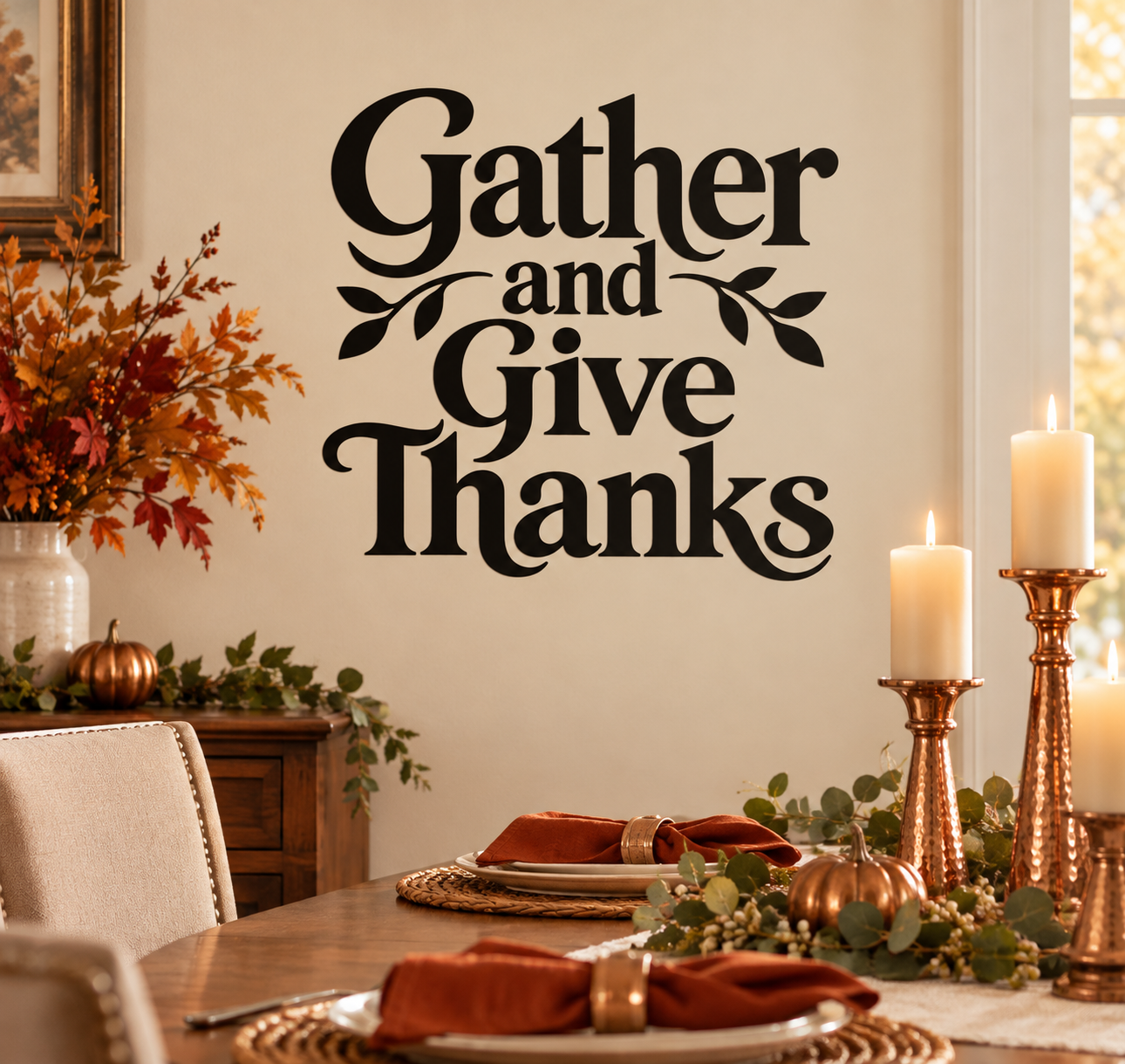 Thanksgiving vinyl wall decal with "Gather and Give Thanks" text