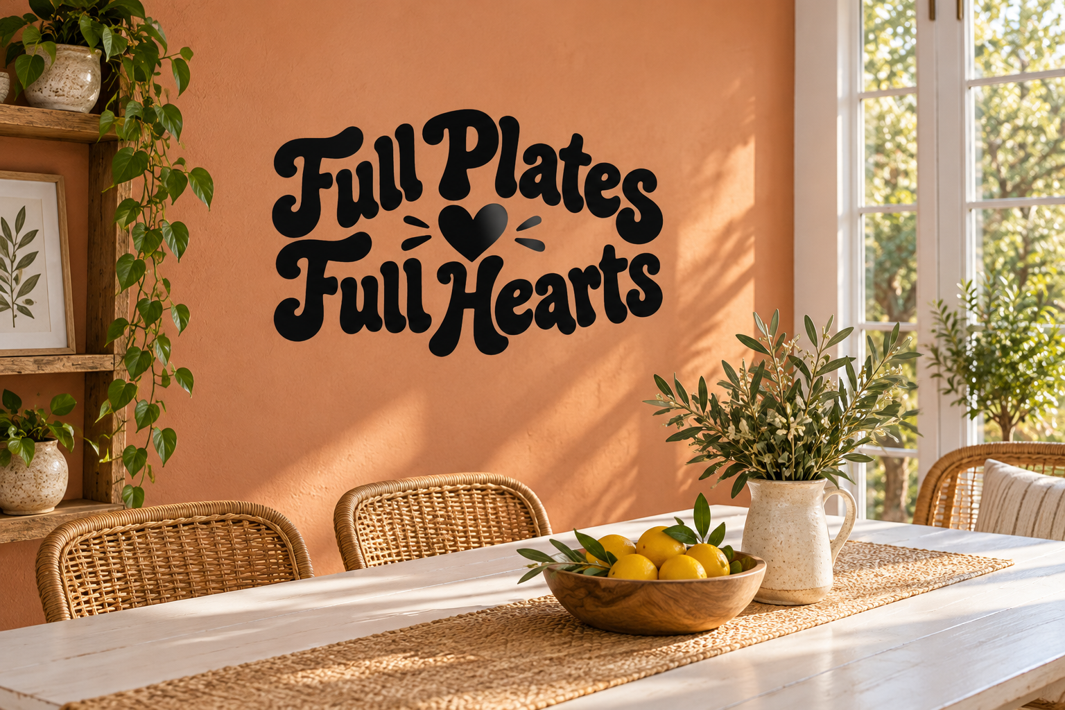 Vinyl wall decal with black 'Full Plates Full Hearts' lettering