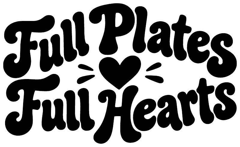 Vinyl decal close-up: black 'Full Plates Full Hearts' lettering with heart