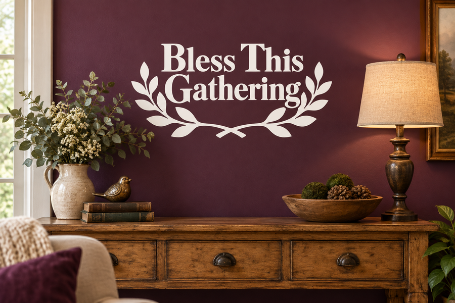 Thanksgiving vinyl decal: 'Bless This Gathering' with leaf wreath and accents