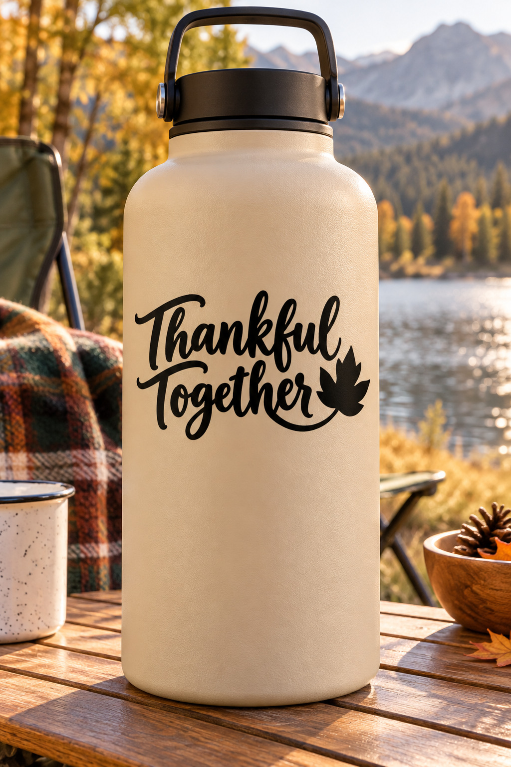 Thankful Together Thanksgiving vinyl decal in black script with maple leaf graphic