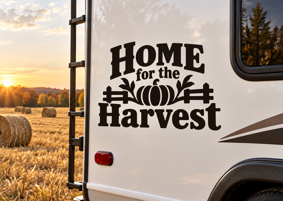 Home for the Harvest vinyl decal with black lettering, pumpkin and harvest tools