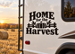 Home for the Harvest vinyl decal with black lettering, pumpkin and harvest tools