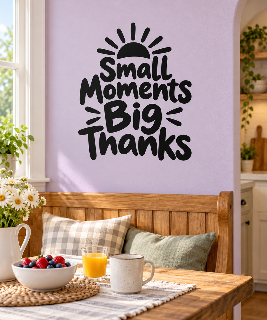 Thanksgiving vinyl decal reading “Small Moments Big Thanks” in black
