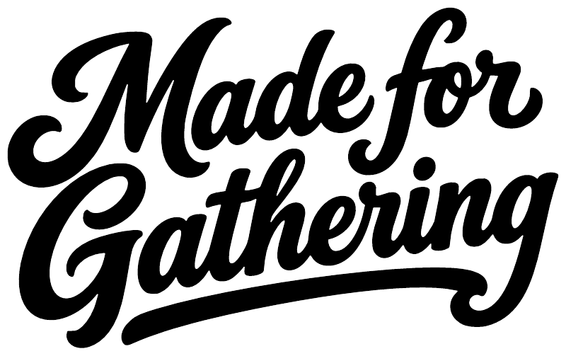 Close-up of black "Made for Gathering" script vinyl decal lettering