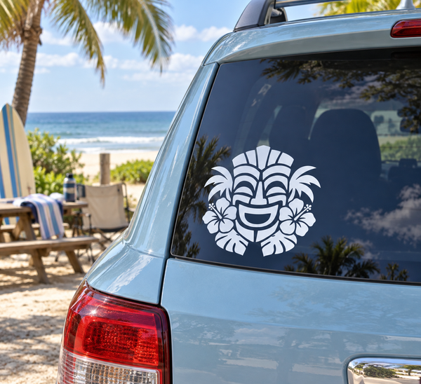 Tiki mask vinyl decal for car window, white and black tribal face with flowers