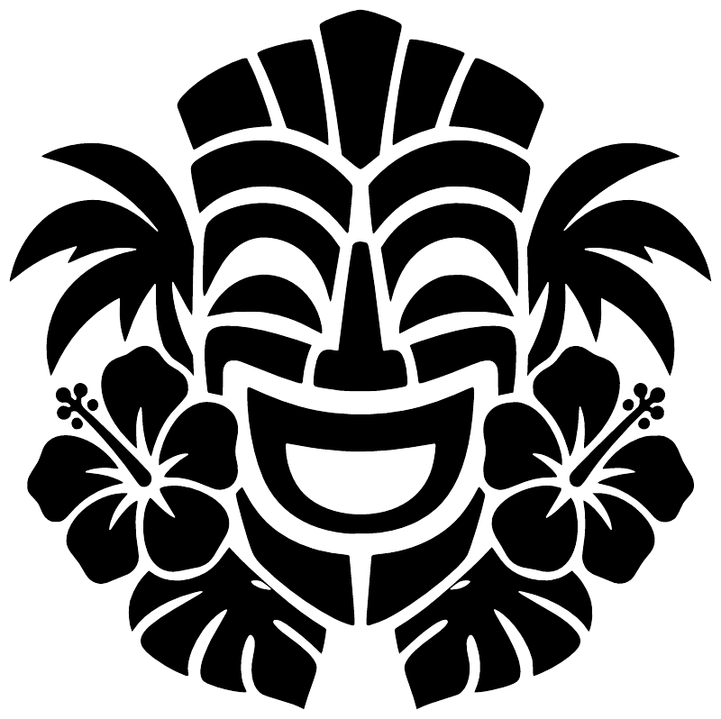 Black and white tiki mask vinyl decal, tribal face with floral accents and sunburst