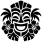 Black and white tiki mask vinyl decal, tribal face with floral accents and sunburst