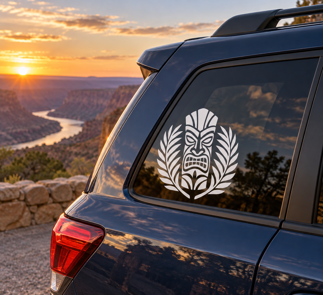 Tiki palm mask vinyl decal on car rear window, white face design