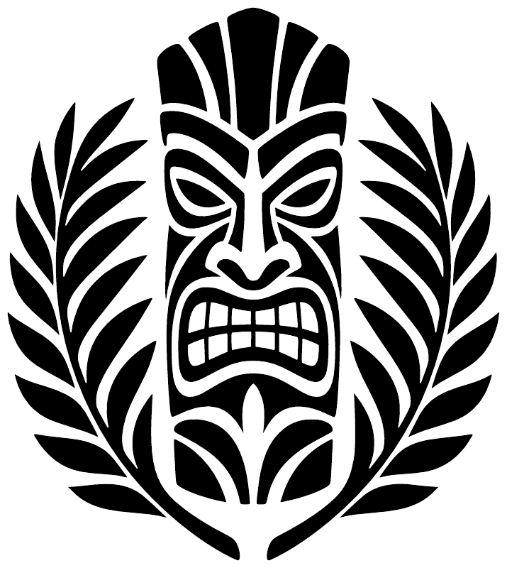 Tiki palm mask vinyl decal, bold black-and-white face with palm leaves
