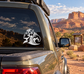 Vinyl car decal with white tiki woman profile, hibiscus flower, and wave design