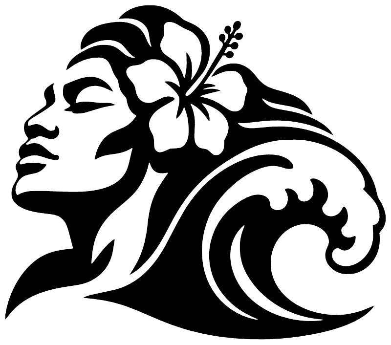 Vinyl decal silhouette of tiki woman with hibiscus and wave, black-and-white
