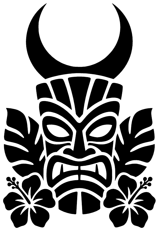 Black tiki face vinyl decal with crescent moon and flowers, graphic close-up