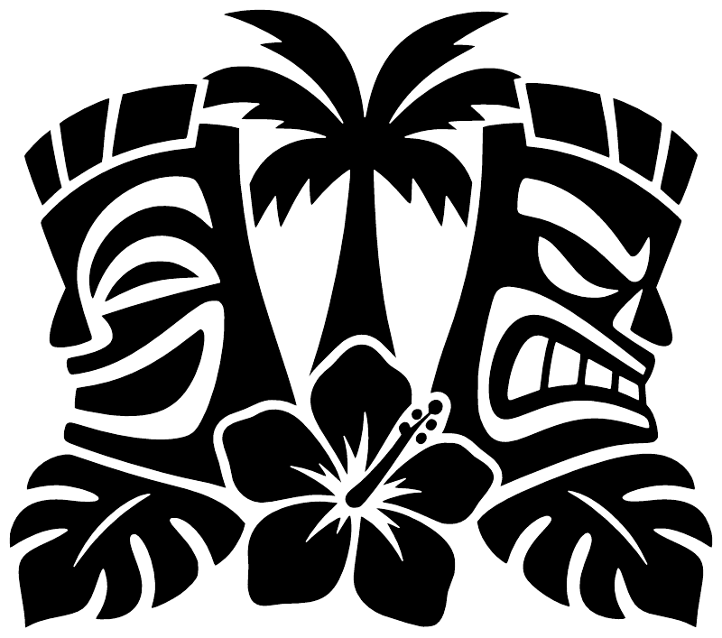 Black and white tiki faces vinyl decal with palm leaves and hibiscus
