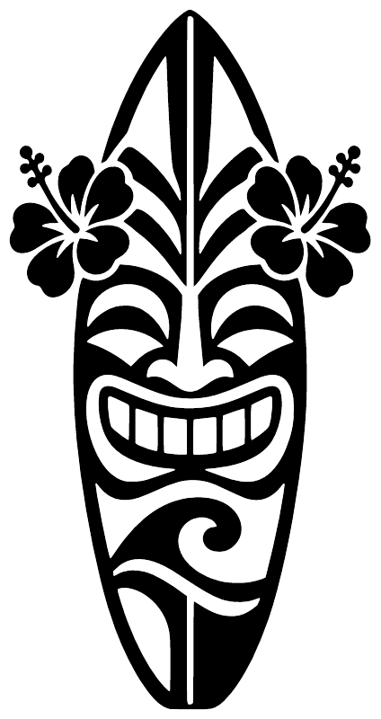 White surf tiki vinyl decal: black surfboard face with floral accents