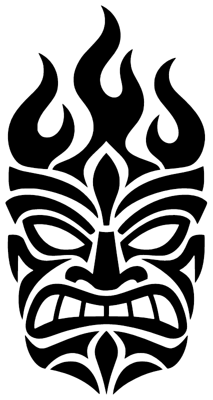 Flame tiki vinyl decal close-up, black tiki face with five flame shapes