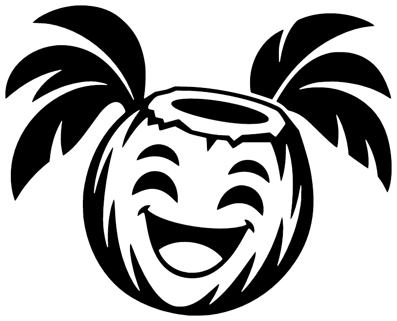 Tiki coconut character vinyl decal, smiling face with palm fronds, black-and-white