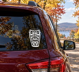 White tiki mask face vinyl decal on car window