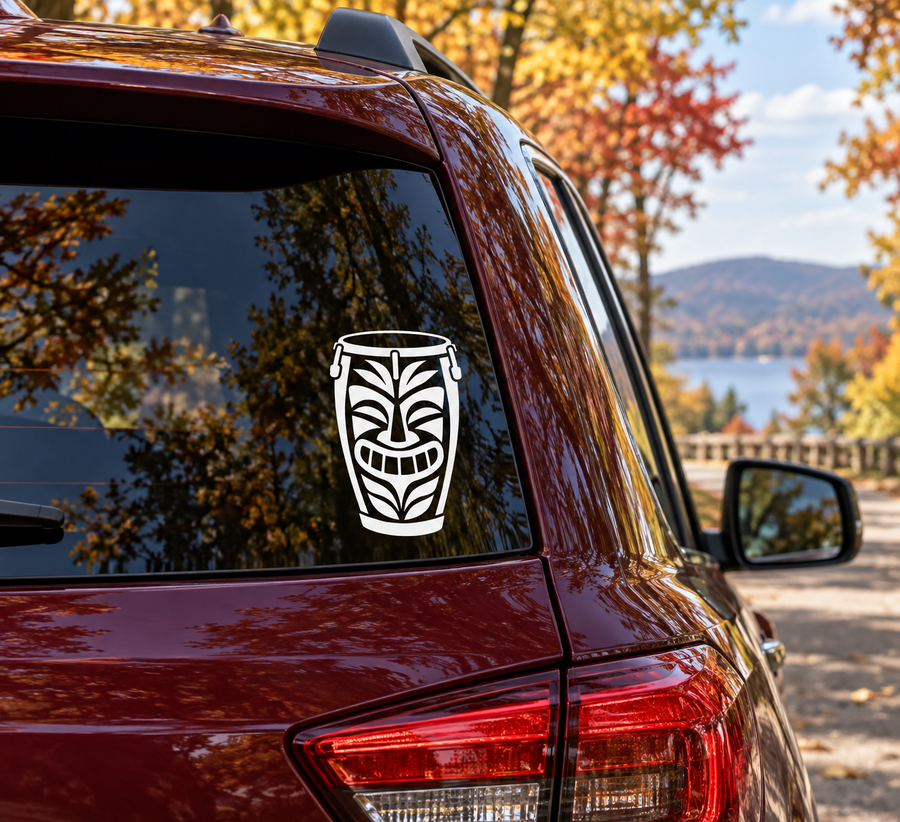 White tiki mask face vinyl decal on car window