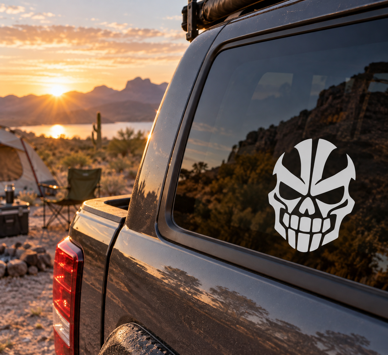 Skull face vinyl decal for vehicle window, black-and-white graphic