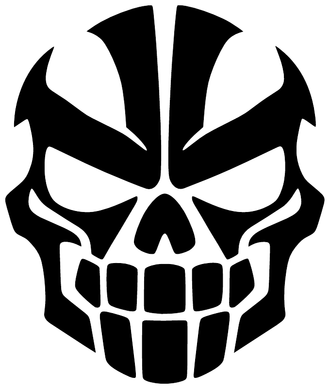 Black-and-white skull mask vinyl decal, bold eyes and teeth design
