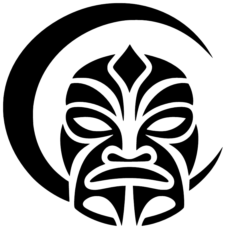 Close-up tiki face vinyl decal in black circle moon-arch, black and white