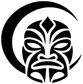Close-up tiki face vinyl decal in black circle moon-arch, black and white