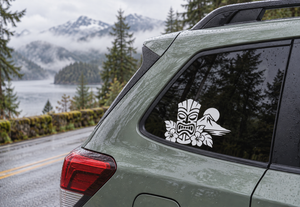 White tiki volcano vinyl decal on car rear window