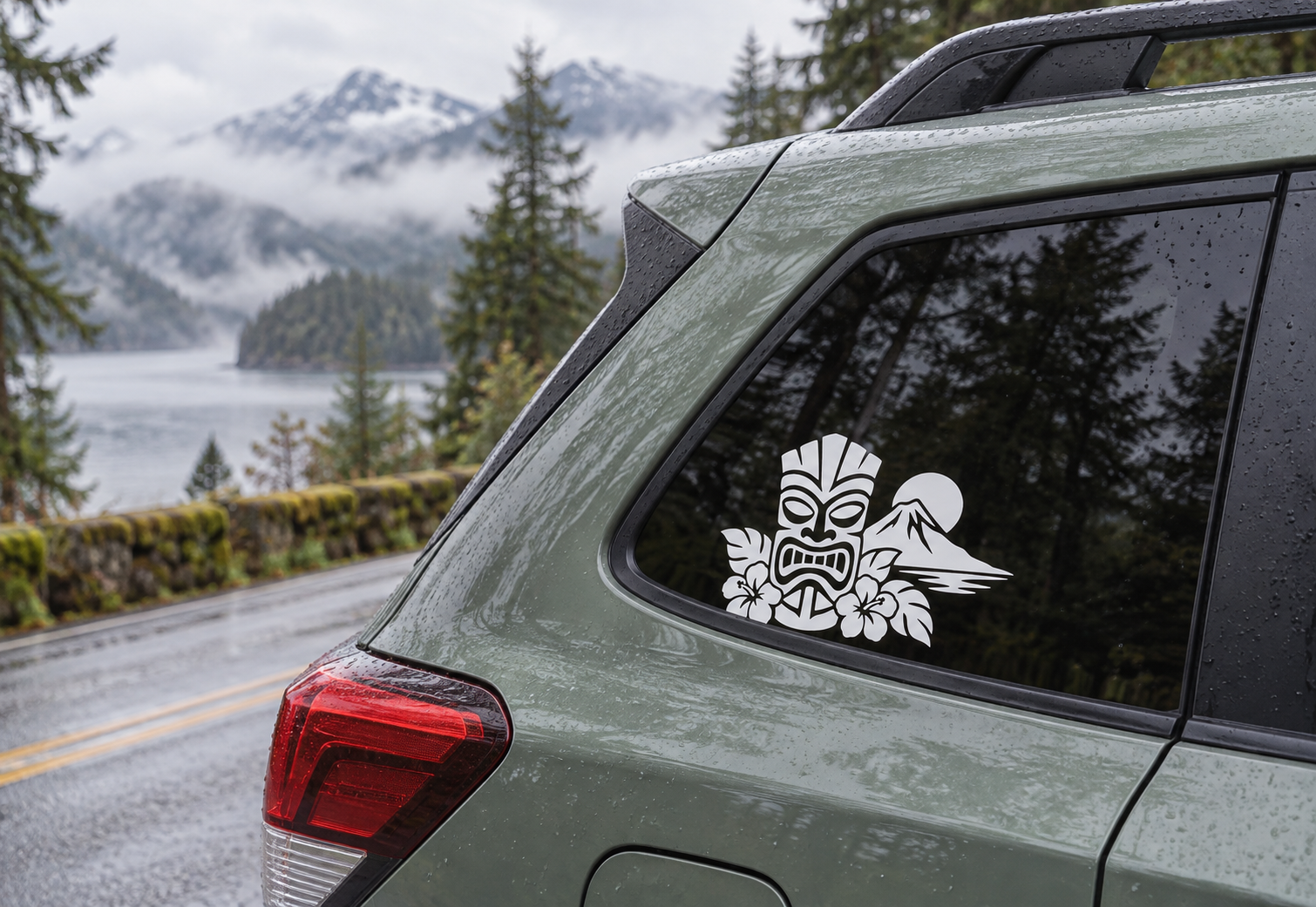 White tiki volcano vinyl decal on car rear window