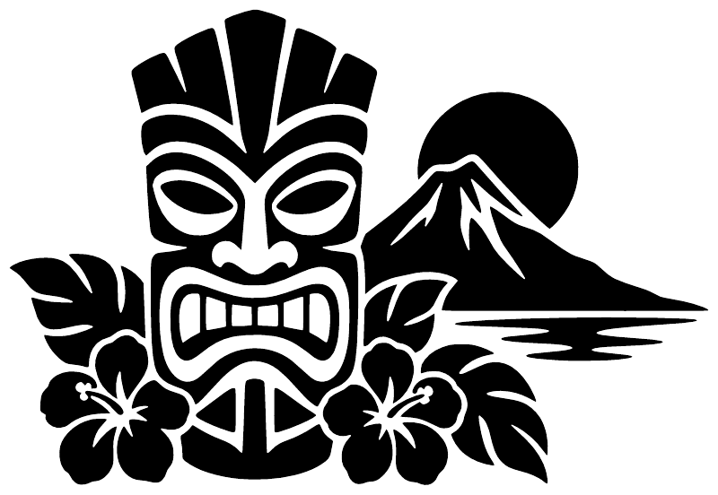 Black tiki volcano vinyl decal graphic with face, flowers, and volcano