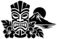 Black tiki volcano vinyl decal graphic with face, flowers, and volcano