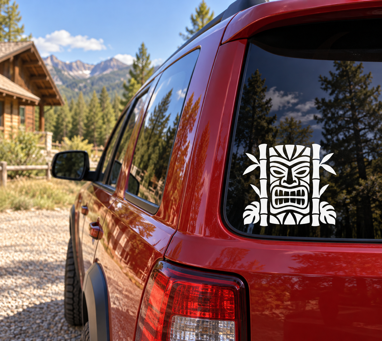 White tiki face bamboo vinyl decal on car window