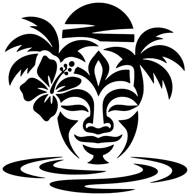 Black and white tiki face vinyl decal with palms, flowers, and wave base