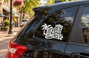 Vinyl decal featuring a black Tiki Time logo on a car rear window