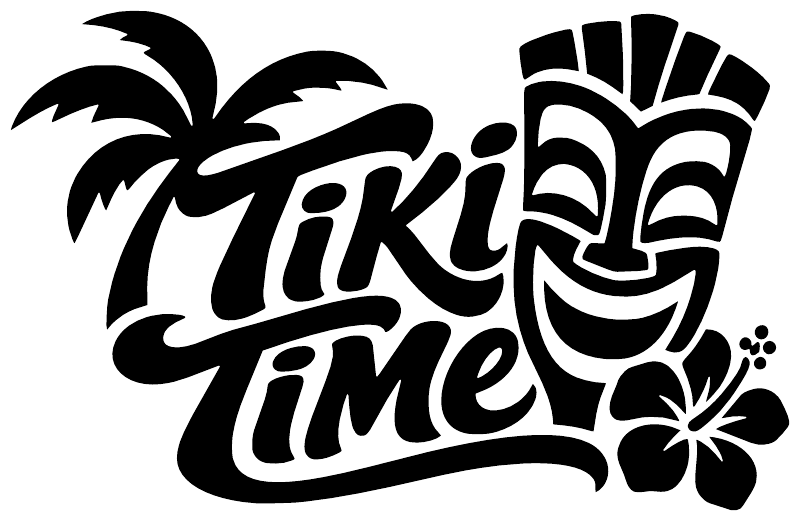 Black Tiki Time vinyl decal with palm tree, hibiscus flower, and sunburst