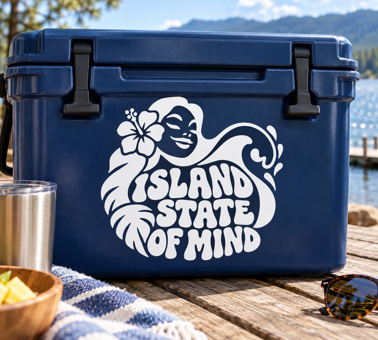 Tiki-style vinyl decal with hibiscus flower and smiling face, white on dark blue surface