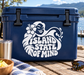 Tiki-style vinyl decal with hibiscus flower and smiling face, white on dark blue surface