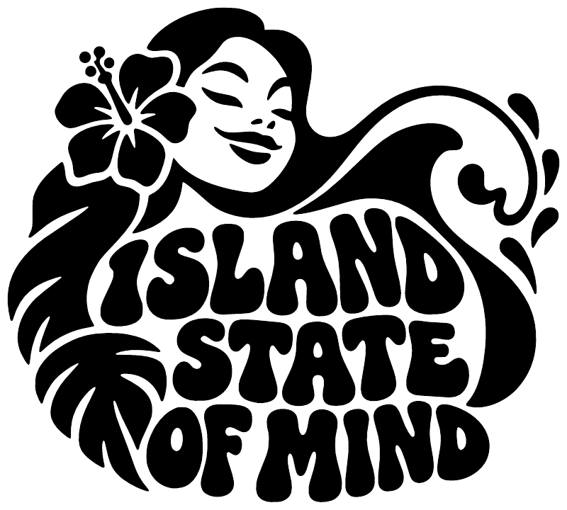 Tiki-style vinyl decal design with hibiscus flower, smiling face, wave lines, bold lettering