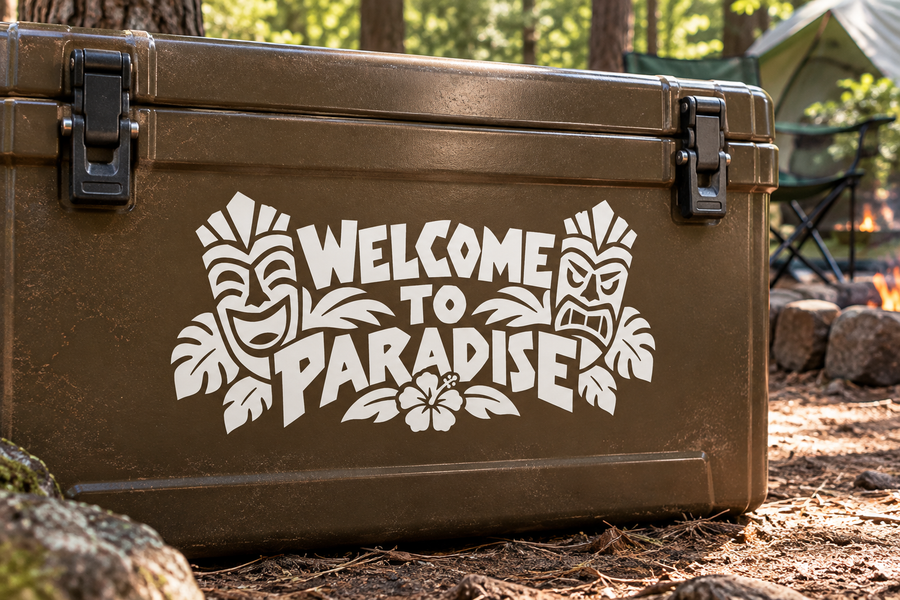 Tiki Welcome to Paradise vinyl decal with palm and mask graphics