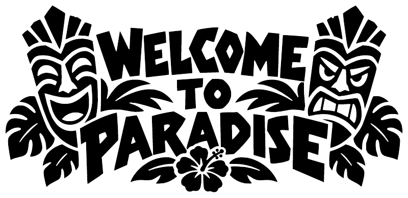 Welcome to Paradise vinyl decal: bold tiki masks, palms, and flowers