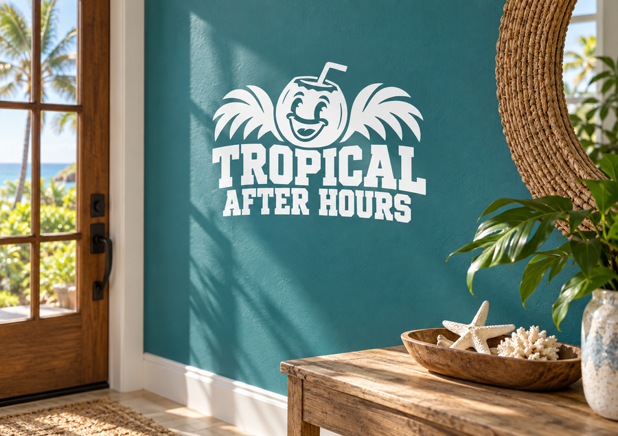 White tropical tiki vinyl decal reading “TROPICAL AFTER HOURS” with palm leaves
