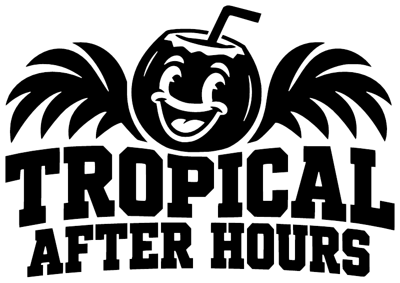 Black tropical tiki vinyl decal with palm leaves and text “TROPICAL AFTER HOURS”