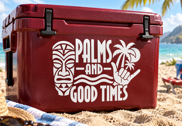 White tiki vinyl decal with palms, waves, mask, and 'PALMS AND GOOD TIMES' text
