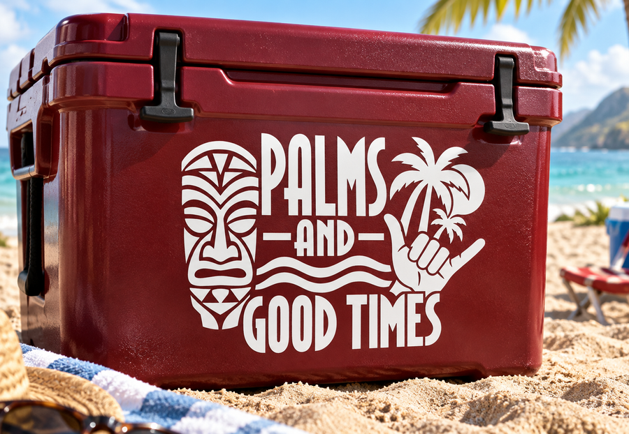 White tiki vinyl decal with palms, waves, mask, and 'PALMS AND GOOD TIMES' text