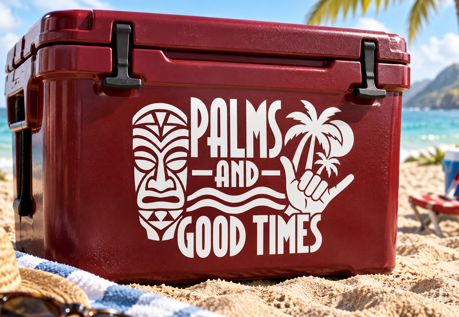 White tiki vinyl decal with palms, waves, mask, and 'PALMS AND GOOD TIMES' text